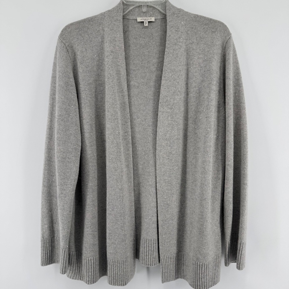 Lafayette 148 Cardigan Women Medium Gray Cashmere Silk Sequin Open Front Sweater